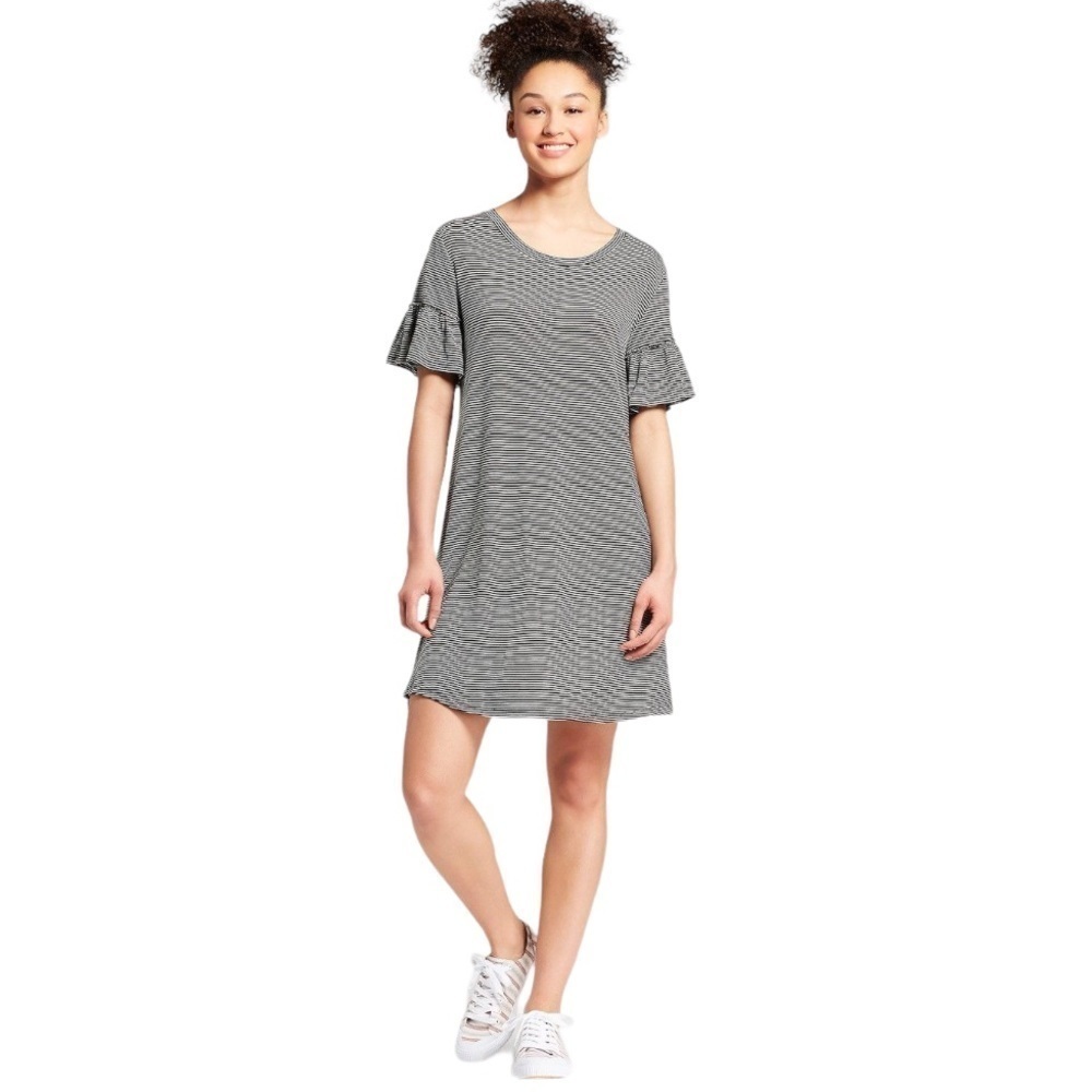 Wore once. Mossimo Black/White Striped Ruffle Sleeve Tee Shirt Dress. Size S